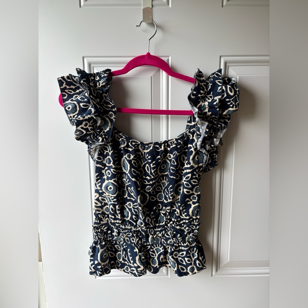 Luna Moon Navy and Cream Ruffle Sleeve Blouse